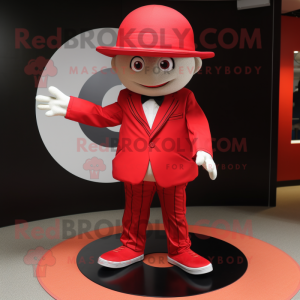 Red Plate Spinner mascot costume character dressed with a Blazer and Caps