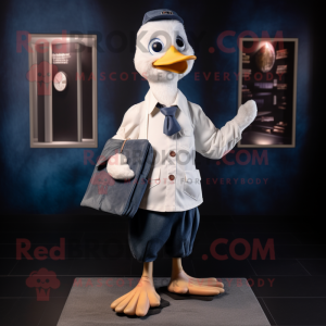 Navy Gosling mascot costume character dressed with a Dress Shirt and Wallets