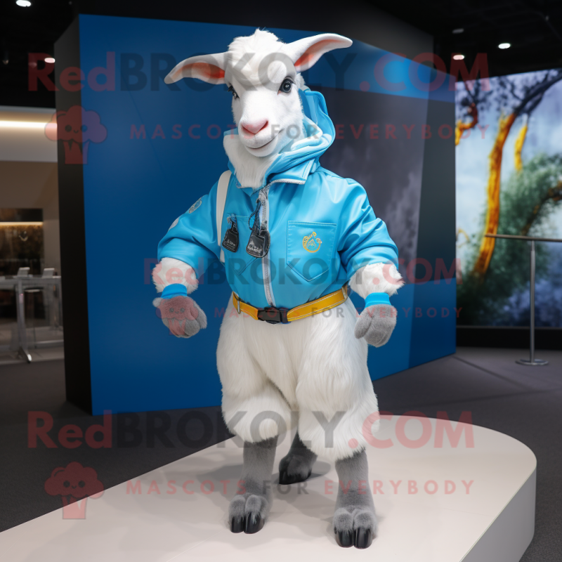 Sky Blue Boer Goat mascot costume character dressed with a Windbreaker and Belts