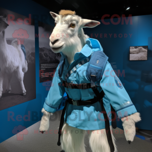 Sky Blue Boer Goat mascot costume character dressed with a Windbreaker and Belts