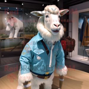 Sky Blue Boer Goat mascot costume character dressed with a Windbreaker and Belts