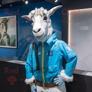 Sky Blue Boer Goat mascot costume character dressed with a Windbreaker and Belts