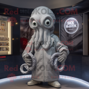 Gray Kraken mascot costume character dressed with a Windbreaker and Cufflinks