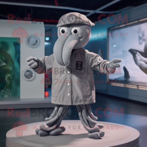 Gray Kraken mascot costume character dressed with a Windbreaker and Cufflinks