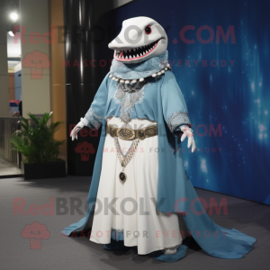 nan Shark mascot costume character dressed with a Empire Waist Dress and Necklaces