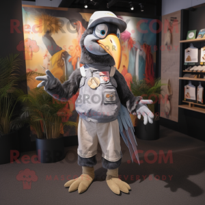 Gray Toucan mascot costume character dressed with a Romper and Caps