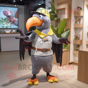 Gray Toucan mascot costume character dressed with a Romper and Caps