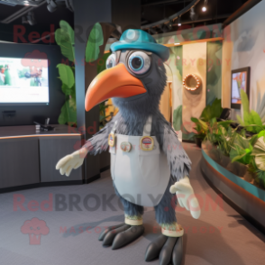 Gray Toucan mascot costume character dressed with a Romper and Caps