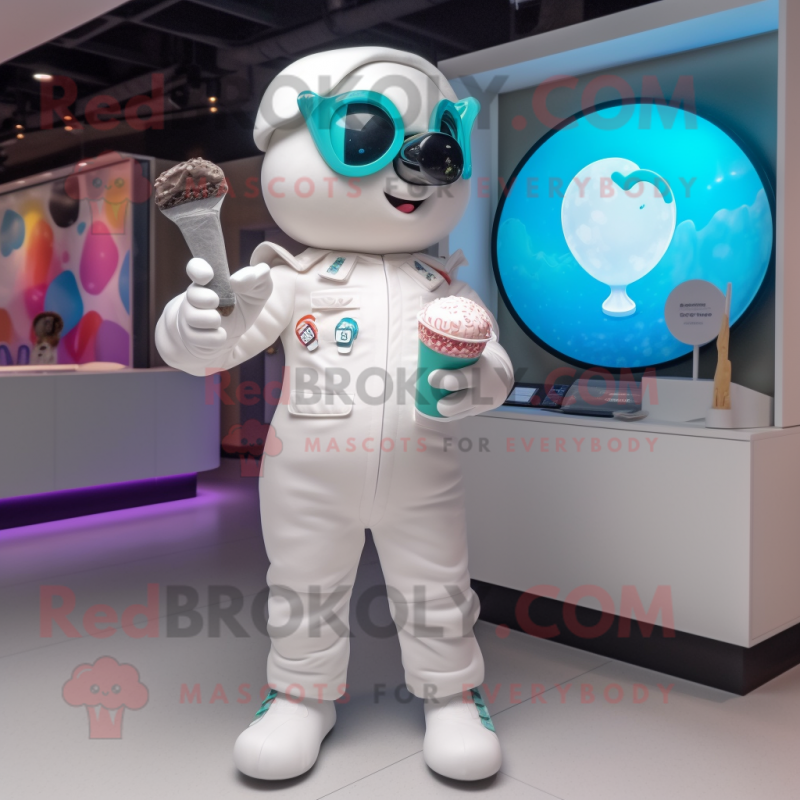 White Ice Cream mascot costume character dressed with a Jumpsuit and Digital watches White Ice Cream mascot costume character dressed with a Jumpsuit and Digital watches