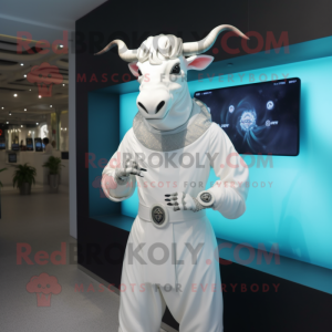 White Zebu mascot costume character dressed with a Evening Gown and Digital watches