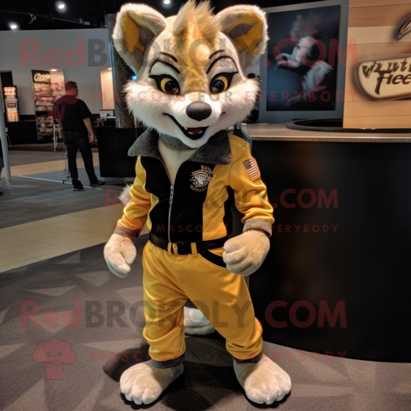 Gold Civet mascot costume character dressed with a Moto Jacket and Shoe clips