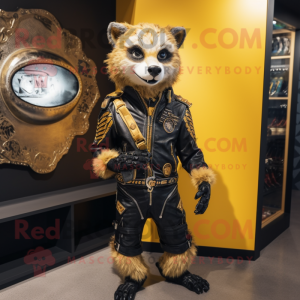 Gold Civet mascot costume character dressed with a Moto Jacket and Shoe clips