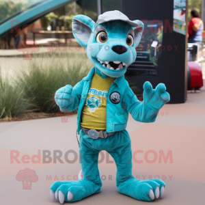 Turquoise Thylacosmilus mascot costume character dressed with a Flare Jeans and Suspenders
