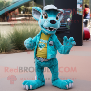 Turquoise Thylacosmilus mascot costume character dressed with a Flare Jeans and Suspenders