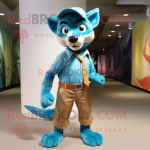 Turquoise Thylacosmilus mascot costume character dressed with a Flare Jeans and Suspenders