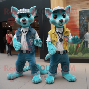 Turquoise Thylacosmilus mascot costume character dressed with a Flare Jeans and Suspenders