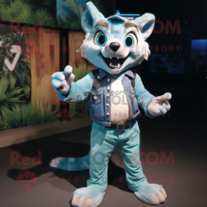 Turquoise Thylacosmilus mascot costume character dressed with a Flare Jeans and Suspenders