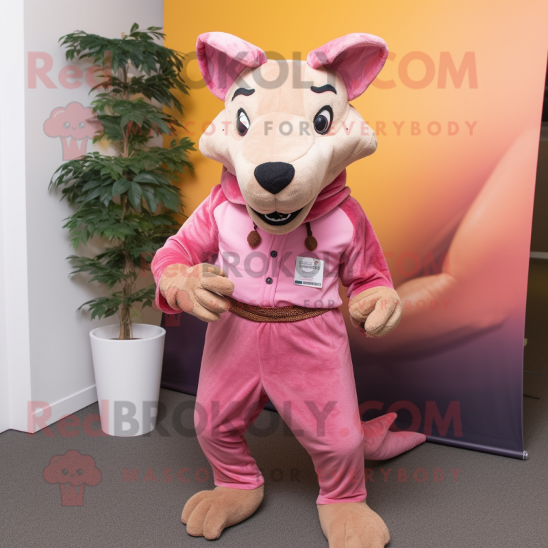 Pink Thylacosmilus mascot costume character dressed with a Chinos and Earrings Pink Thylacosmilus mascot costume character dressed with a Chinos and Earrings