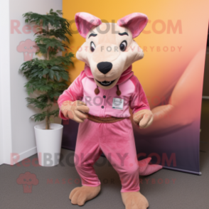 Pink Thylacosmilus mascot costume character dressed with a Chinos and Earrings