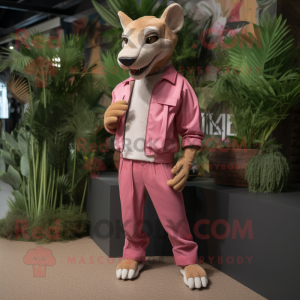 Pink Thylacosmilus mascot costume character dressed with a Chinos and Earrings