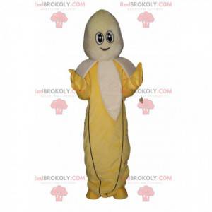 Mascotte banana con uno sguardo accattivante e un sorriso -