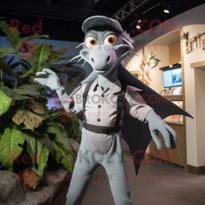 Gray Pterodactyl mascot costume character dressed with a Jumpsuit and Suspenders