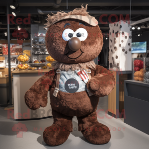 Brown Meatballs mascot costume character dressed with a Dungarees and Scarf clips
