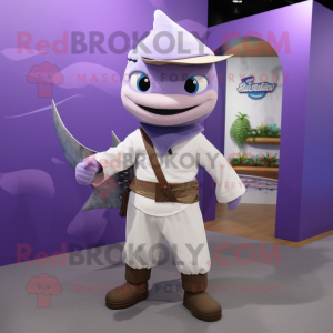 Lavender Swordfish mascot costume character dressed with a Vest and Belts