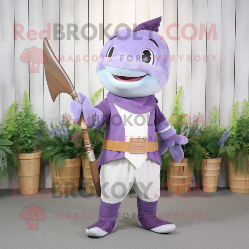 Lavender Swordfish mascot costume character dressed with a Vest and Belts