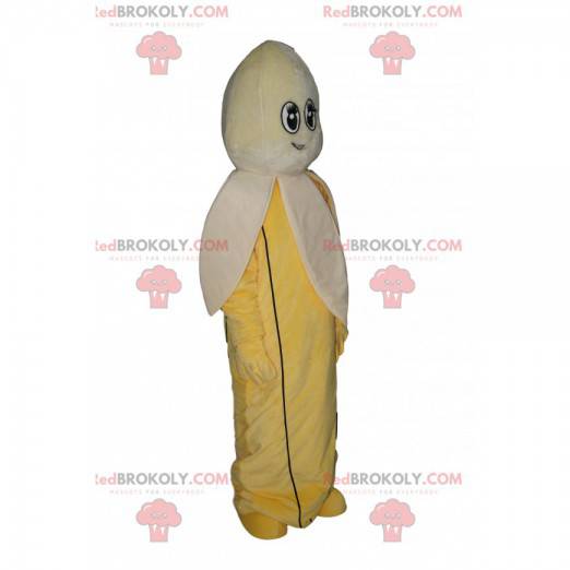 Bananenmaskottchen mit einem liebenswerten Blick und Lächeln -