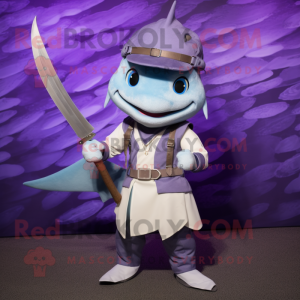 Lavender Swordfish mascot costume character dressed with a Vest and Belts
