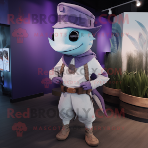 Lavender Swordfish mascot costume character dressed with a Vest and Belts