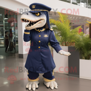 Navy Tyrannosaurus mascot costume character dressed with a Skirt and Caps