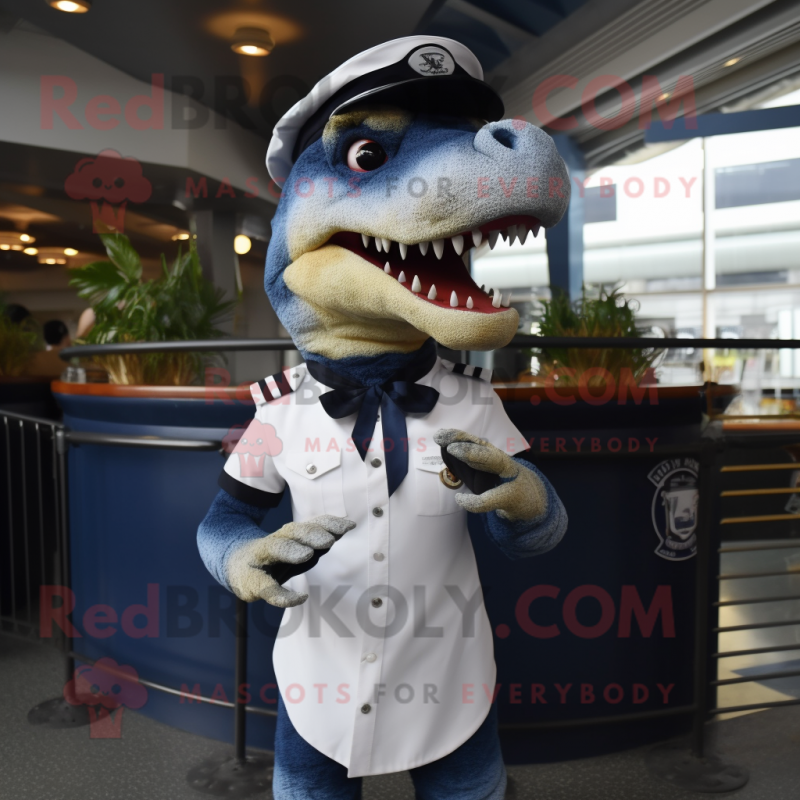 Navy Tyrannosaurus mascot costume character dressed with a Skirt and Caps