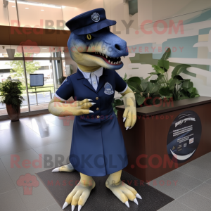 Navy Tyrannosaurus mascot costume character dressed with a Skirt and Caps