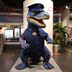 Navy Tyrannosaurus mascot costume character dressed with a Skirt and Caps