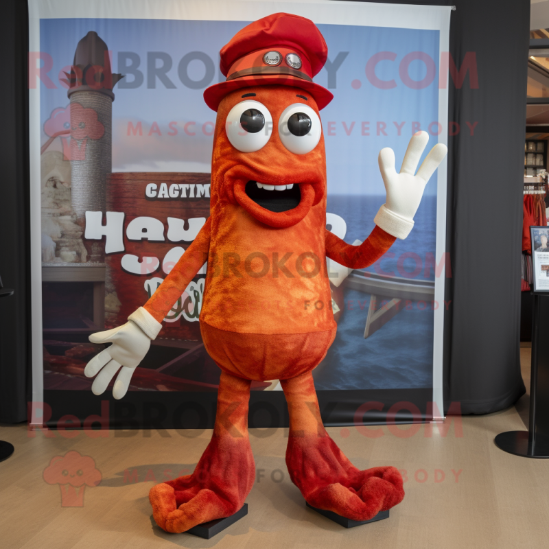 Red Fried Calamari mascot costume character dressed with a Henley Shirt and Foot pads