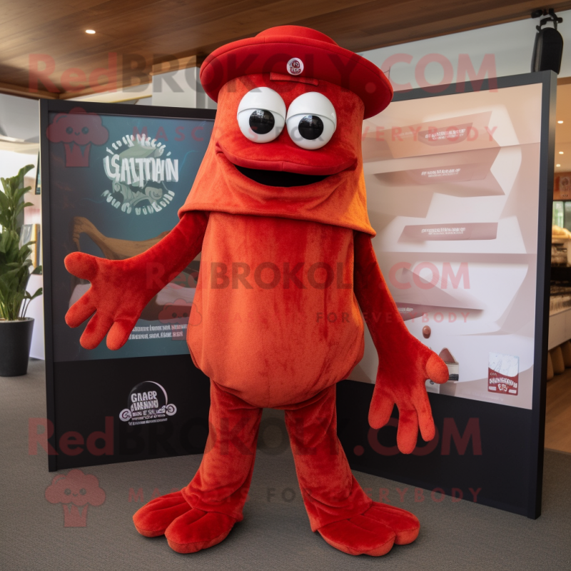 Red Fried Calamari mascot costume character dressed with a Henley Shirt and Foot pads