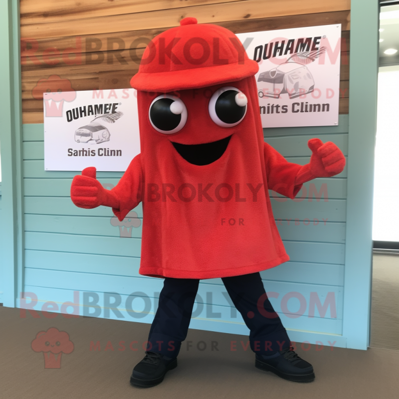 Red Fried Calamari mascot costume character dressed with a Henley Shirt and Foot pads