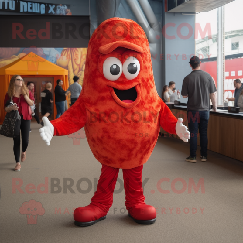 Red Fried Calamari mascot costume character dressed with a Henley Shirt and Foot pads