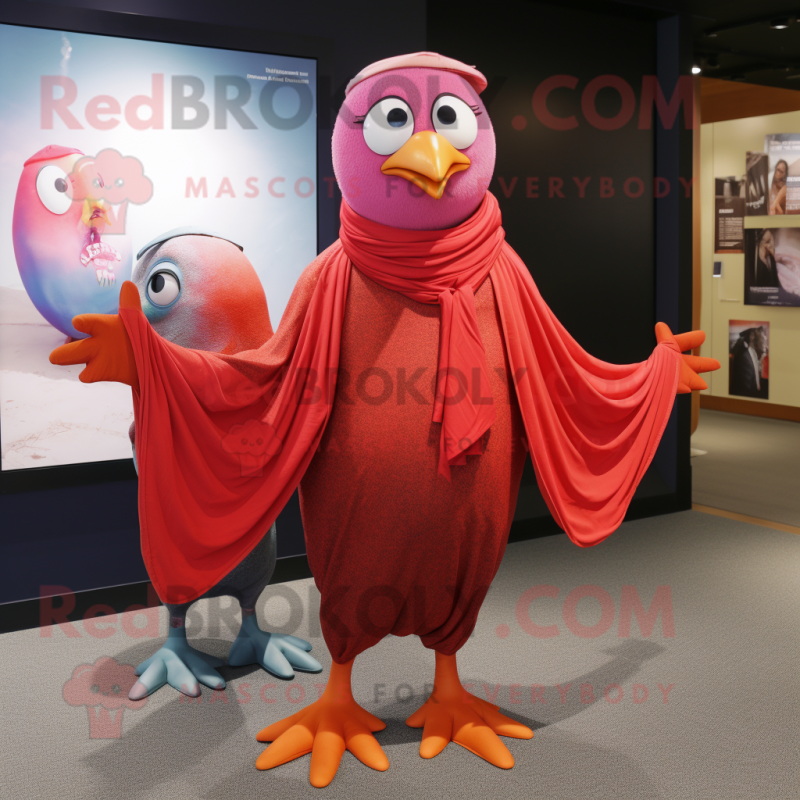 Red Pigeon mascot costume character dressed with a Mom Jeans and Shawls Red Pigeon mascot costume character dressed with a Mom Jeans and Shawls