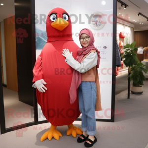 Red Pigeon mascot costume character dressed with a Mom Jeans and Shawls