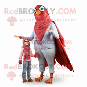 Red Pigeon mascot costume character dressed with a Mom Jeans and Shawls