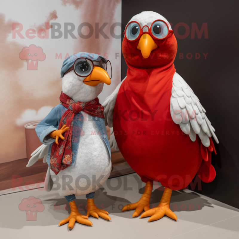 Red Pigeon mascot costume character dressed with a Mom Jeans and Shawls Red Pigeon mascot costume character dressed with a Mom Jeans and Shawls