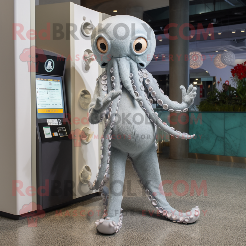 Silver Octopus mascot costume character dressed with a Skinny Jeans and Coin purses Silver Octopus mascot costume character dressed with a Skinny Jeans and Coin purses