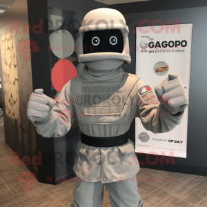 Gray Gi Joe mascot costume character dressed with a Cardigan and Ties
