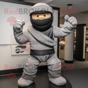 Gray Ninja mascot costume character dressed with a Henley Tee and Berets