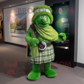 Lime Green Bagpipe mascot costume character dressed with a Joggers and Shawl pins