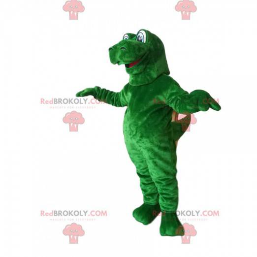Mascote gigante de dinossauro verde com olhos protuberantes -