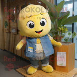 Yellow Miso Soup mascot costume character dressed with a Chambray Shirt and Keychains